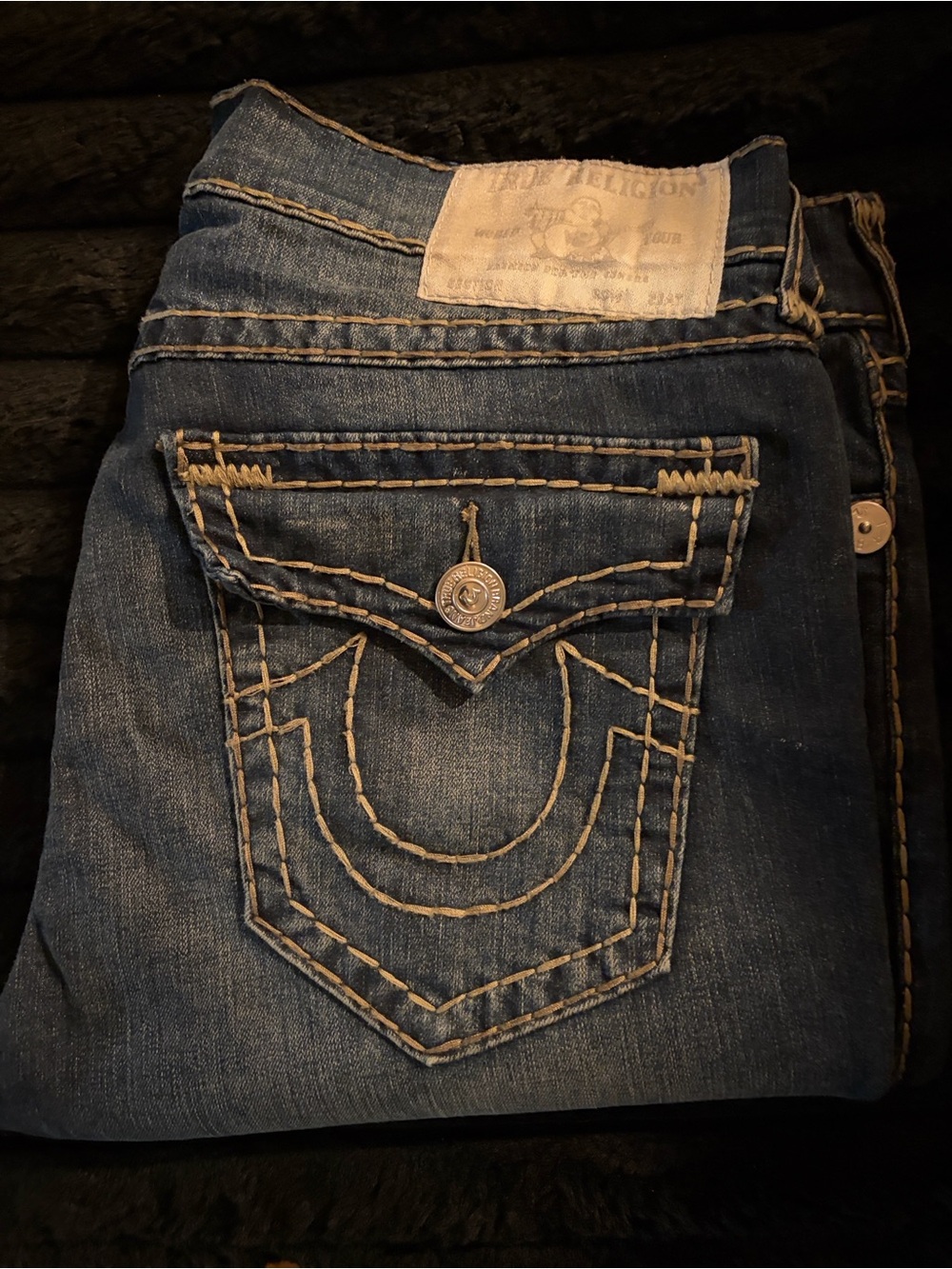 True Religion Men’s Big T Flap Rocco Skinny Blue Denim with Contrast Stitching